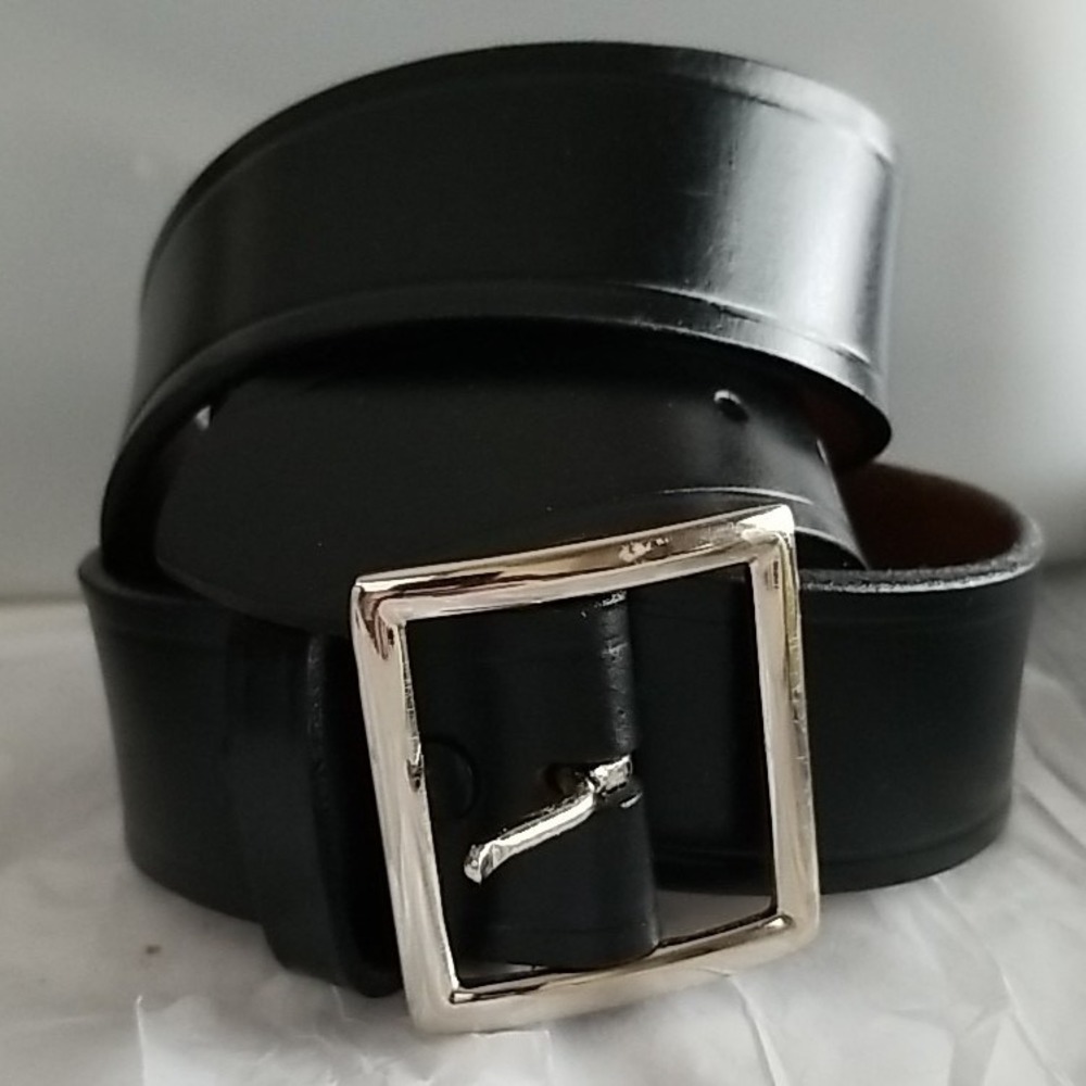 Black Genuine Leather Belt Silver Buckle Business Casual Wear L. 9